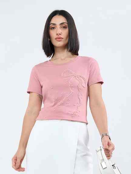 Honey by Pantaloons | Pink Pearl Detail Regular Fit T-Shirt