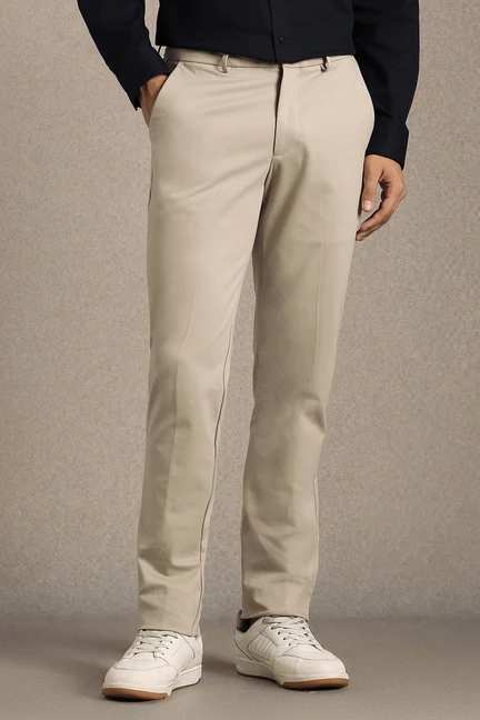 LOUIS PHILIPPE | Men Beige Solid Flat Front Formal Trousers