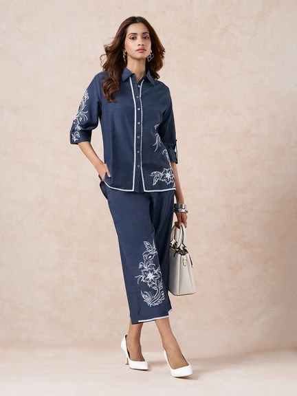 Marigold Lane | Navy Floral Embroidered Regular Fit Co-ord Set