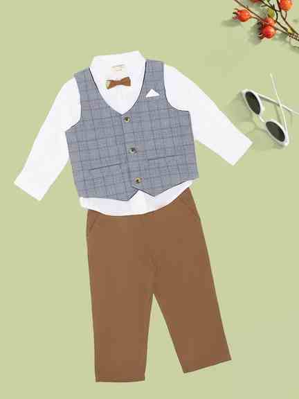 Pantaloons Baby | White Shirt, Checked Waistcoat, Bow Tie & Brown Trousers Set