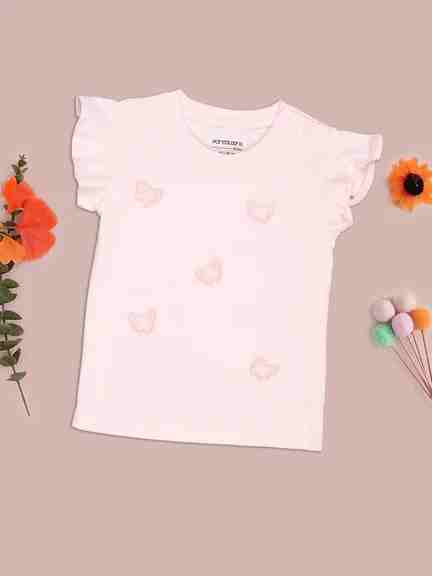 Pink Butterfly Embroidered Flutter Sleeve T-Shirt