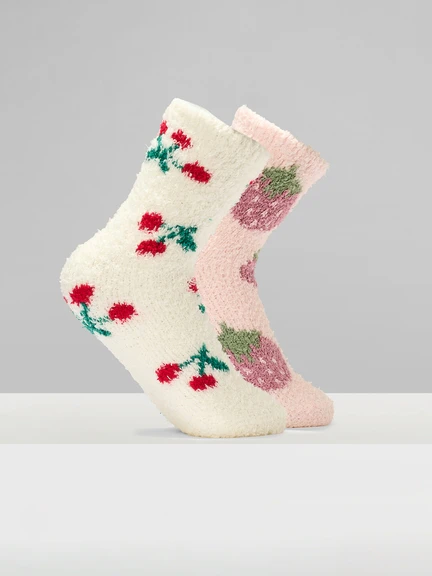 Multicoloured Fruit Motif Fuzzy Winter Socks - Pack of 2