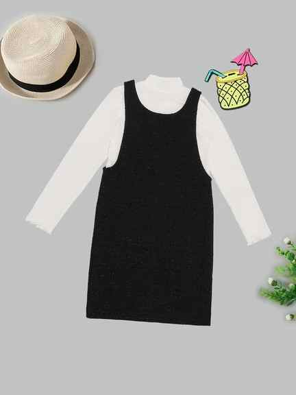 Black Tweed Dress & Solid Turtleneck Top Combo