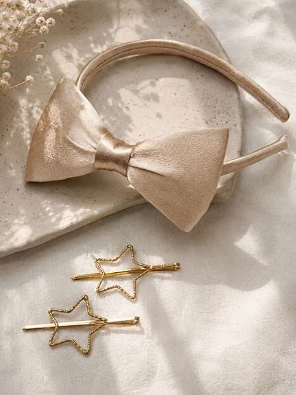 Pantaloons Junior | Gold Satin Bow Headband & Star Hair Clips - Pack of 3