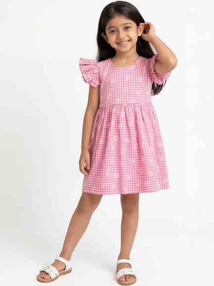 Pantaloons Junior | Pink Gingham Check Motif Print Regular Fit Dress