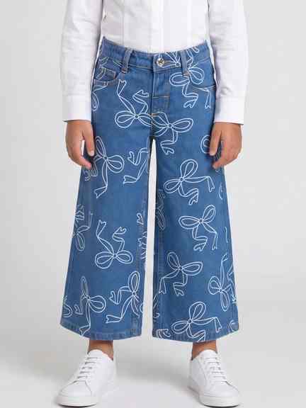 Pantaloons Junior | Blue Bow Print Washed Flared Jeans