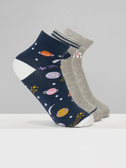 Grey & Navy Space Theme Ankle Socks - Pack of 3