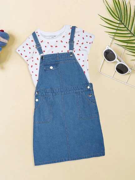 Pantaloons Junior | Blue Denim Pinafore Dress & Strawberry Print T-Shirt Set