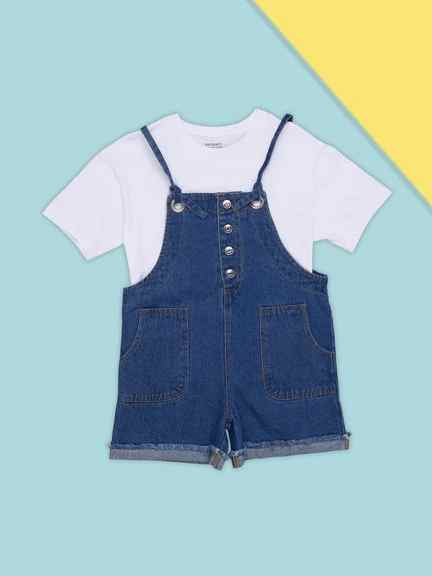 Pantaloons Junior | White T-Shirt and Blue Denim Dungaree Shorts Set