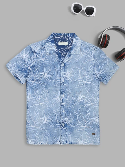 Blue Acid Wash Floral Embroidered Resort Shirt
