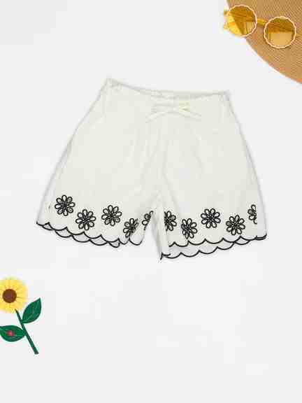 Pantaloons Junior | Off-White Floral Embroidered Scalloped Hem Shorts