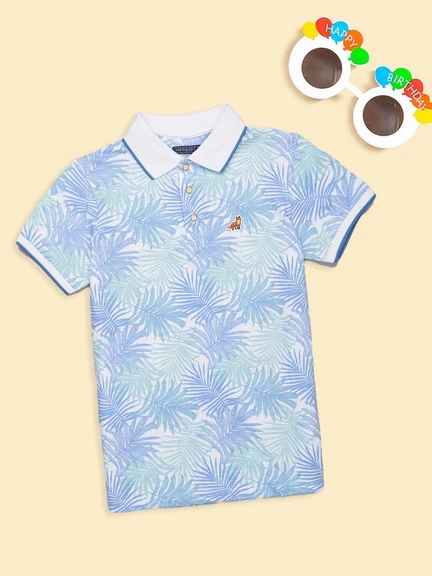 Pantaloons Junior | Blue Tropical Print Pique Polo T-Shirt