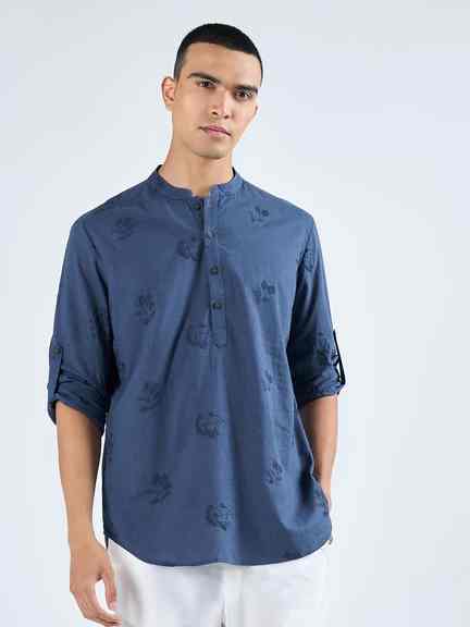 Pantaloons | Navy Motif Embroidered Regular Fit Short Kurta