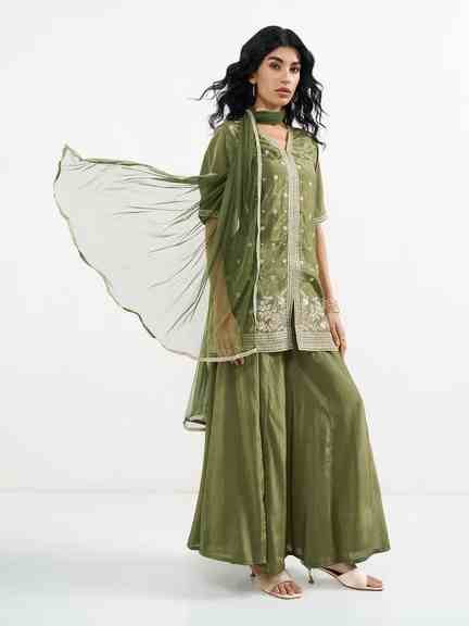 Pantaloons | Olive Embroidered Kurta Sharara & Dupatta Set