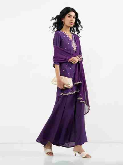 Pantaloons | Purple Embroidered Kurta Palazzo & Dupatta Set