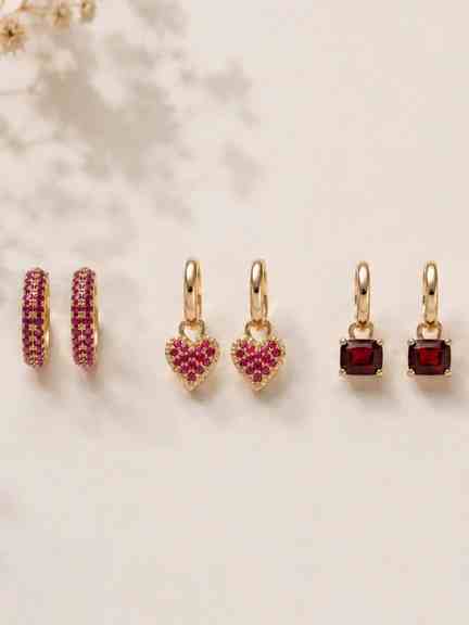 Pantaloons | Gold Pink Stone Hoop, Heart Drop & Red Stone Earrings - Pack of 3