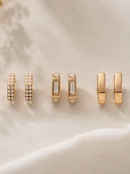 Pantaloons | Gold Pearl, Crystal Baguette & Plain Rectangular Hoop Earrings - Pack of 3