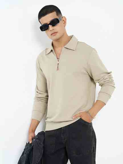 People by Pantaloons | Beige Solid Collared Sweatshirt