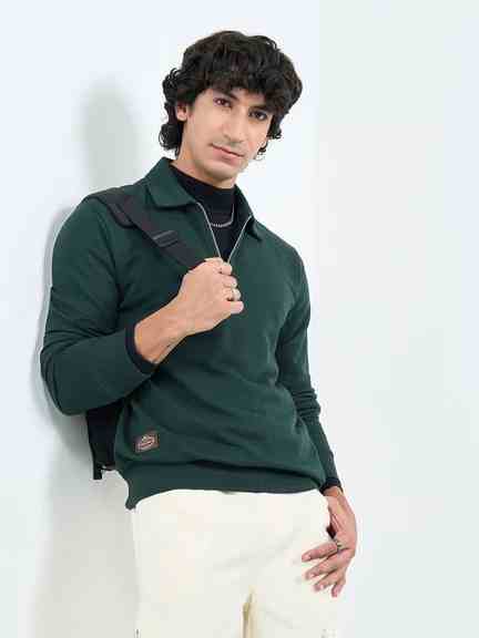 People by Pantaloons | Teal Solid Half-Zip Relaxed Fit Polo Sweatshirt