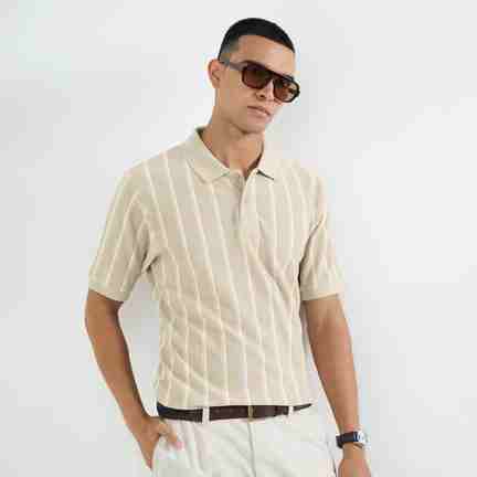 People by Pantaloons | Beige Striped Relaxed Fit Polo T-Shirt