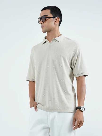 People by Pantaloons | Beige Relaxed Fit Chevron Textured Johnny Polo T-Shirt