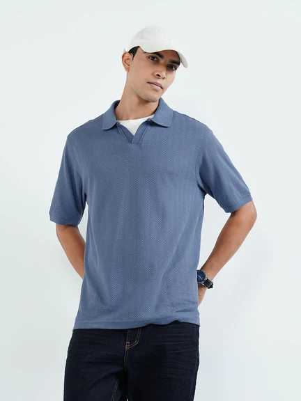 People by Pantaloons | Blue Relaxed Fit Chevron Textured Johnny Polo T-Shirt