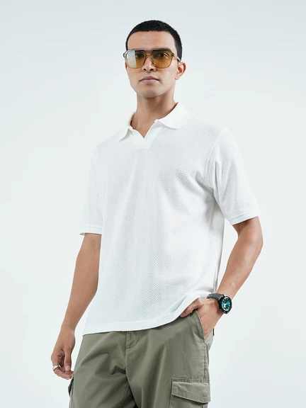 People by Pantaloons | White Relaxed Fit Chevron Textured Johnny Polo T-Shirt