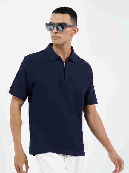 People by Pantaloons | Navy Half-Zip Relaxed Fit Polo T-Shirt