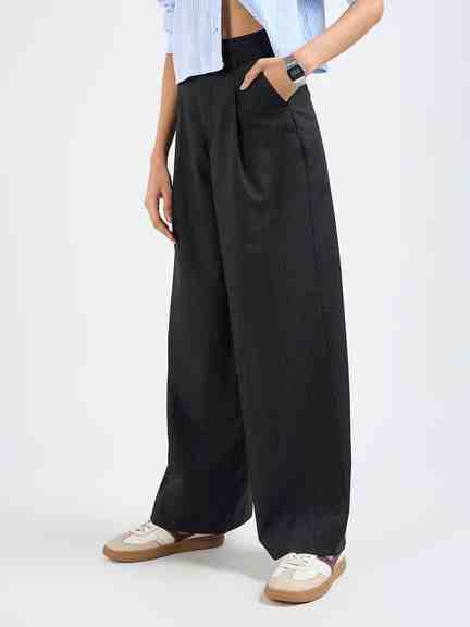 People by Pantaloons | Black Pinstriped Pleated Flared Trousers