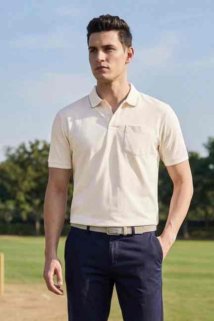 PETER ENGLAND | Men Cream Solid Polo Neck T-shirt