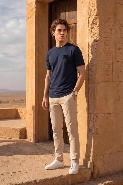 PETER ENGLAND | Men Navy Embroidered Round Crew Neck T-shirt
