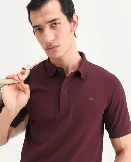 Rare Rabbit | Rare Rabbit Men's Salis-S26 Dark Red Cotton Blend Fabric Half Sleeve Spread Collar Regular Fit Plain Polo