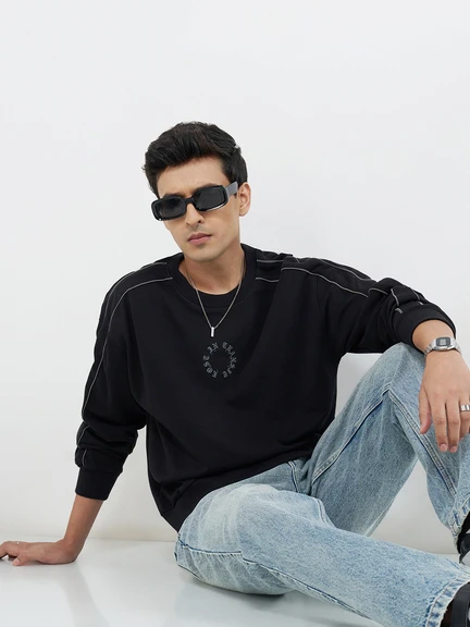 SF JEANS | Black Contrast-Piping Graphic Sweatshirt