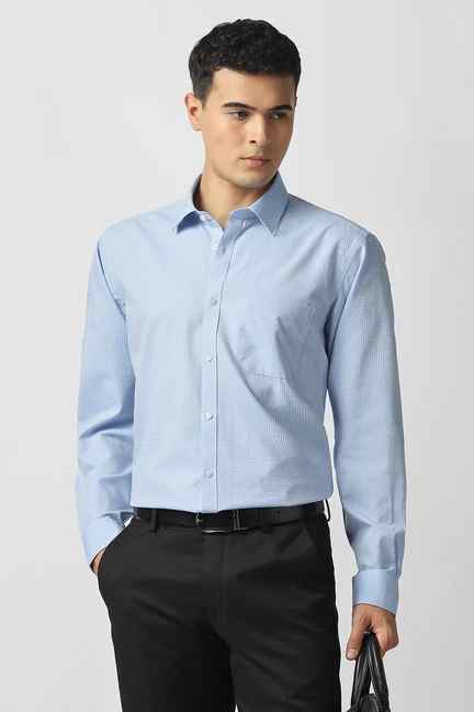 VAN HEUSEN | Men Light Blue Textured Full Sleeves Formal Shirt