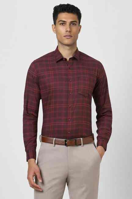 VAN HEUSEN | Men Maroon Slim Fit Check Full Sleeves Formal Shirt