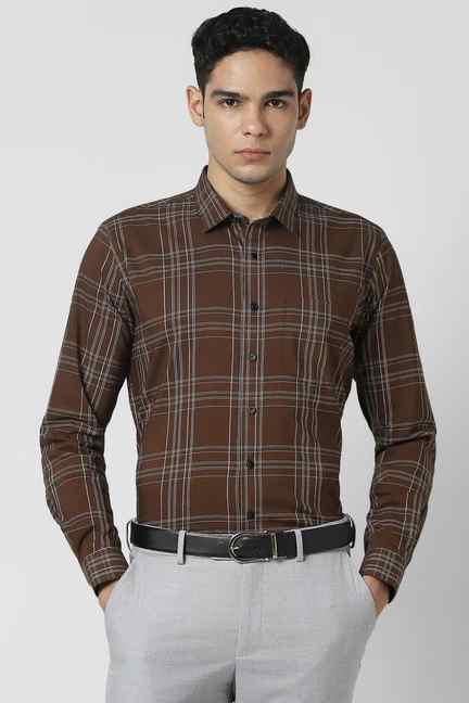 VAN HEUSEN | Men Brown Check Full Sleeves Formal Shirt