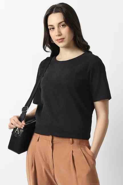 VAN HEUSEN | Women Black Textured Casual Round Neck T-shirt