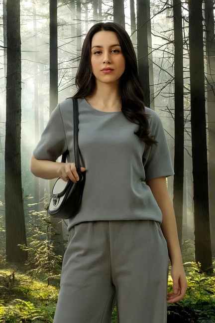 VAN HEUSEN | Women Grey Textured Casual Round Neck T-shirt