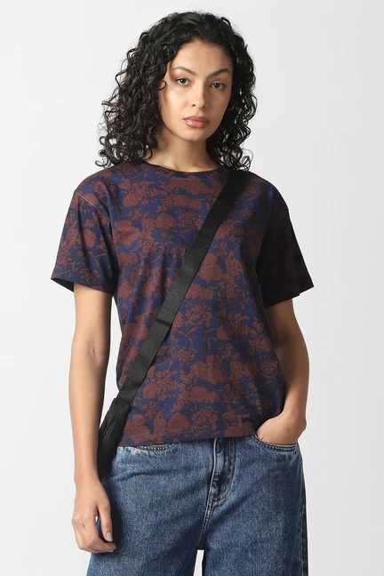 VAN HEUSEN | Women Navy and Maroon Floral Print Tshirt