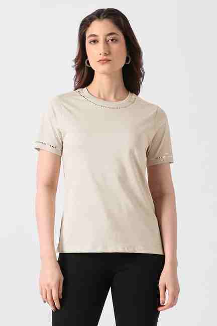 VAN HEUSEN | Women Beige Solid Casual Round Neck T-shirt