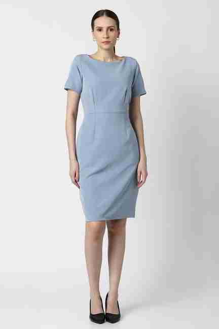 VAN HEUSEN | Women Light Blue Solid Knee Length Formal Dress