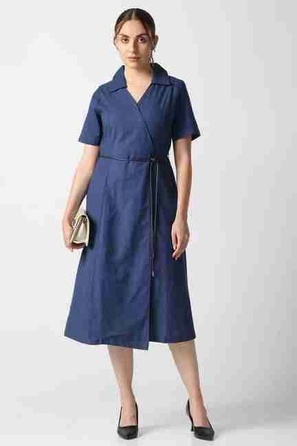 VAN HEUSEN | Women Navy Solid Calf-Length Formal Dress