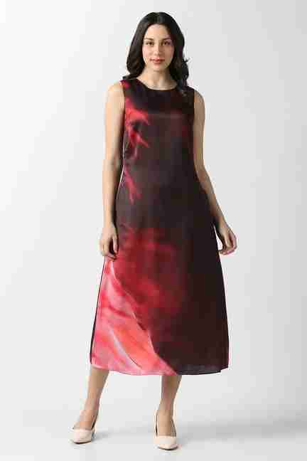 VAN HEUSEN | Women Maroon Print Calf-Length Party Dress