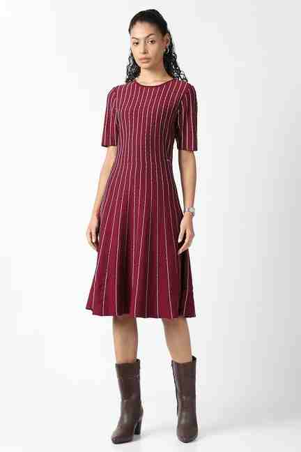 VAN HEUSEN | Women Maroon Stripe Knee Length Casual Dress