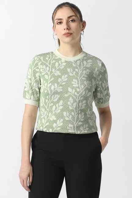 VAN HEUSEN | Women Green Print Formal Round Neck Top