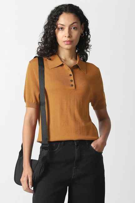 VAN HEUSEN | Women Rust Solid Casual Polo Neck Top