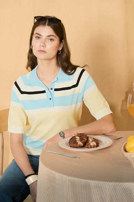 VAN HEUSEN | Women Multi Stripe Casual Polo Neck Top