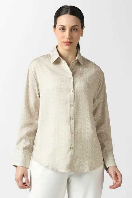 VAN HEUSEN | Women Beige Print Long Sleeves Formal Shirt