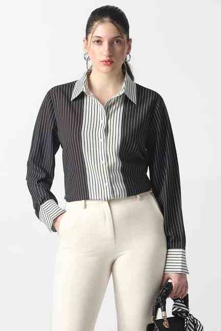 VAN HEUSEN | Women Black Stripe Long Sleeves Formal Shirt