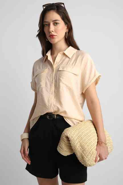 VAN HEUSEN | Women Beige Textured Short Sleeves Casual Shirt